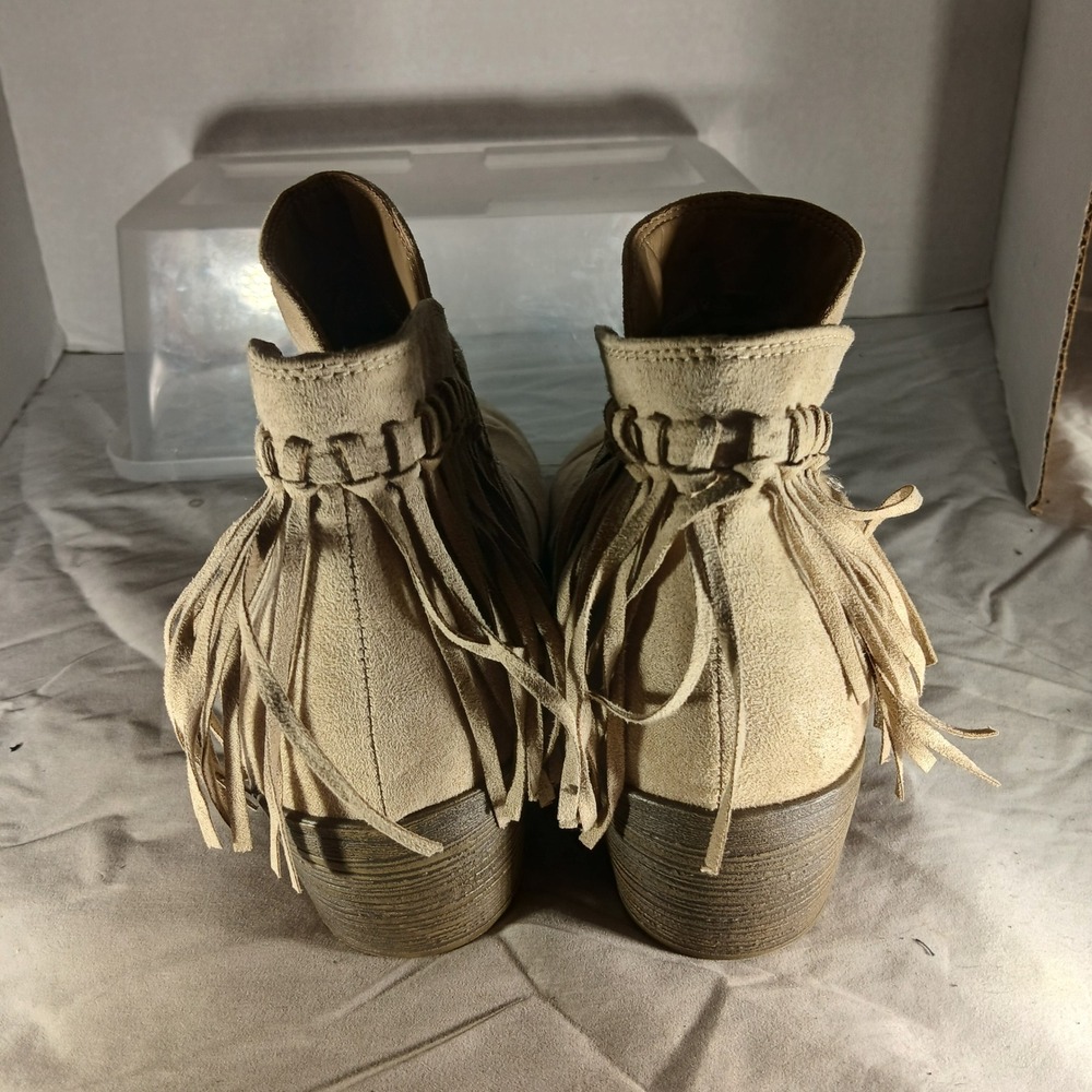 American Eagle Fringe Ankle Booties 13 Tan Boho Western Suede Block Heel Boots - Picture 6 of 10
